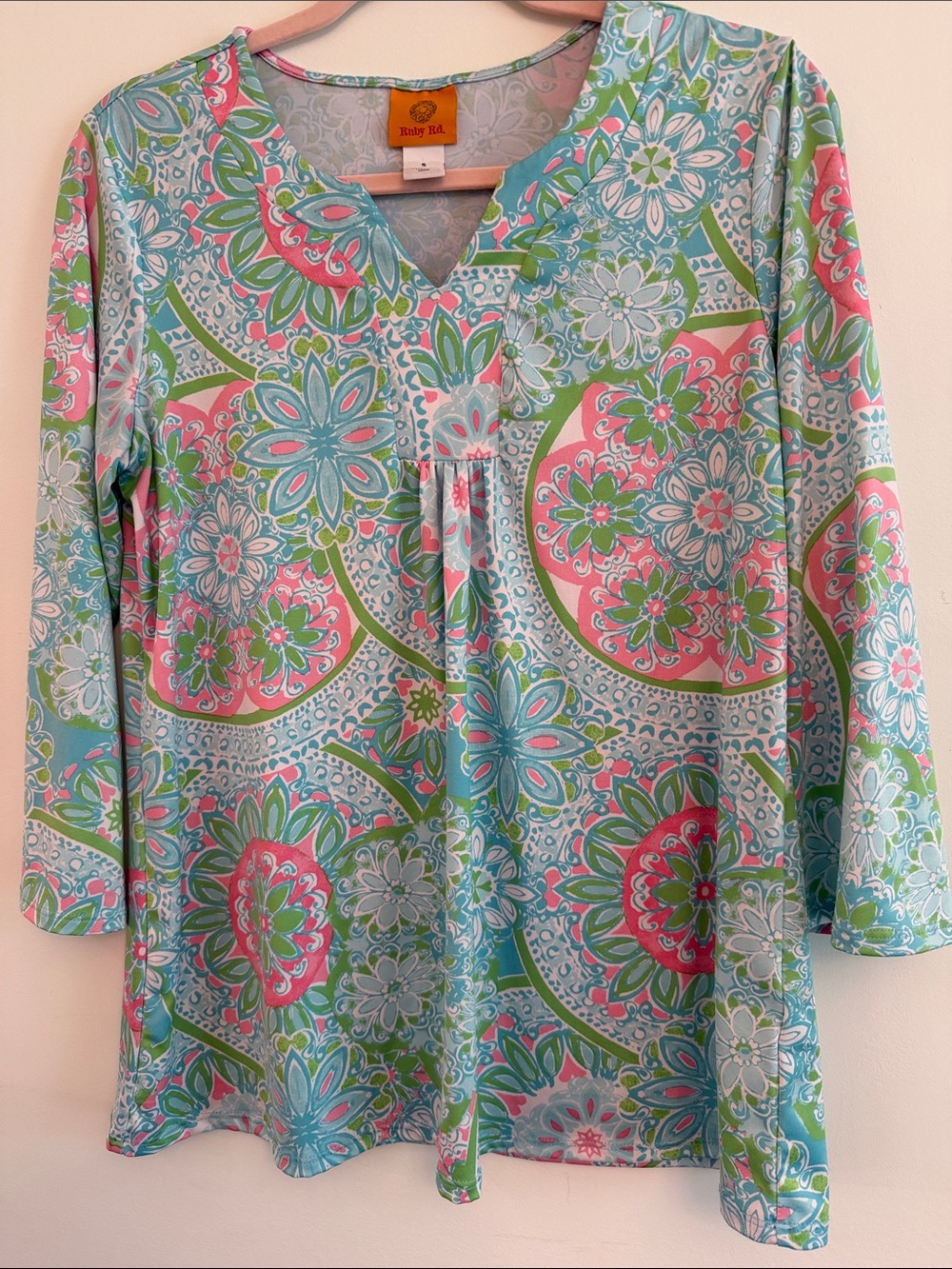 Ruby Rd. Floral V-Neck Tunic in Pink, Green & Blue